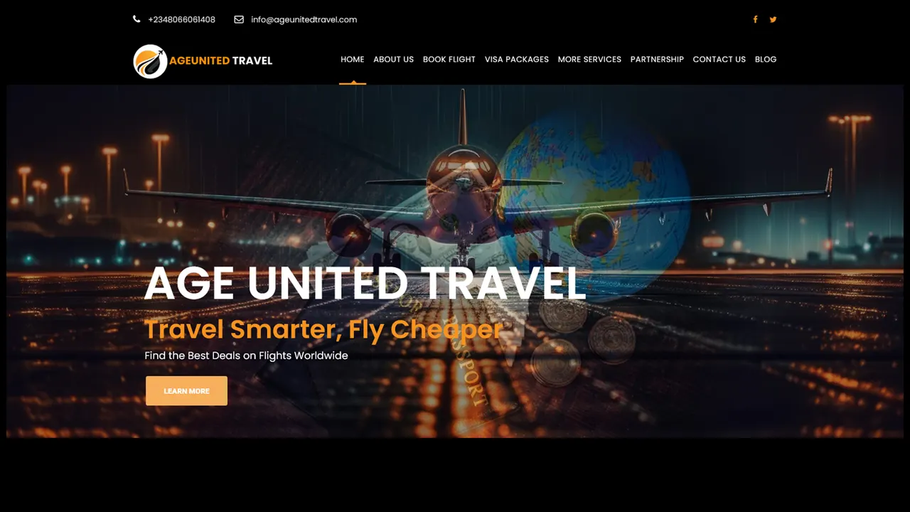 The Age United Travel website shown on desktop and mobile