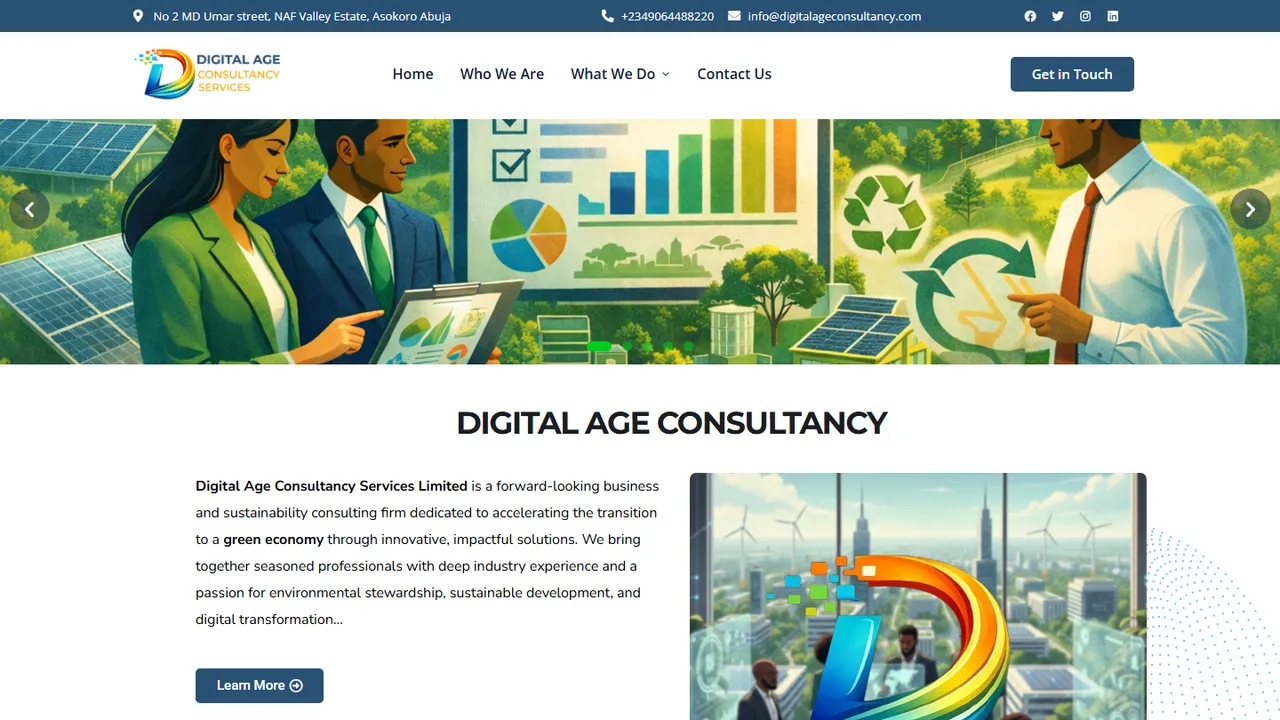 The Digital Age Consultancy homepage with its sustainability hero and company introduction