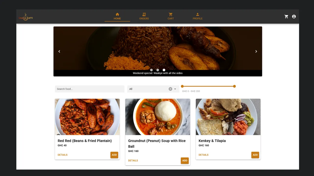 The Ghana Eats food ordering app shown on desktop and mobile