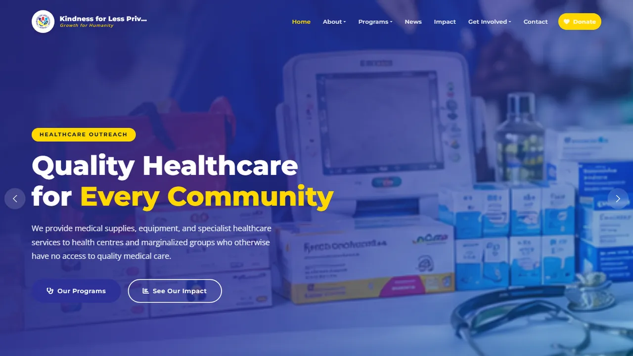 The Kindness for Less Privilege Initiative homepage: a healthcare outreach hero with programme and impact links